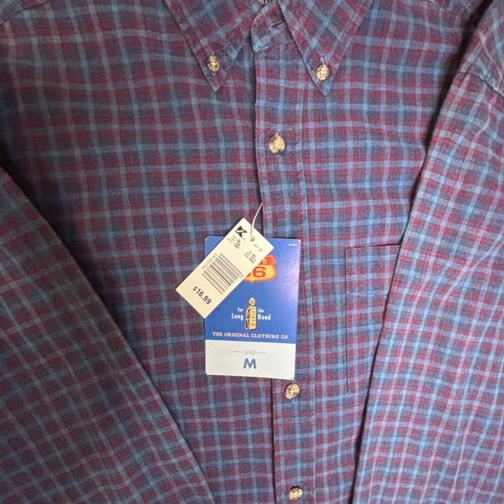 Y2K Route 66 Plaid Button Down Shirt Men’s Medium NWT Blue and Red Grunge Cotton
